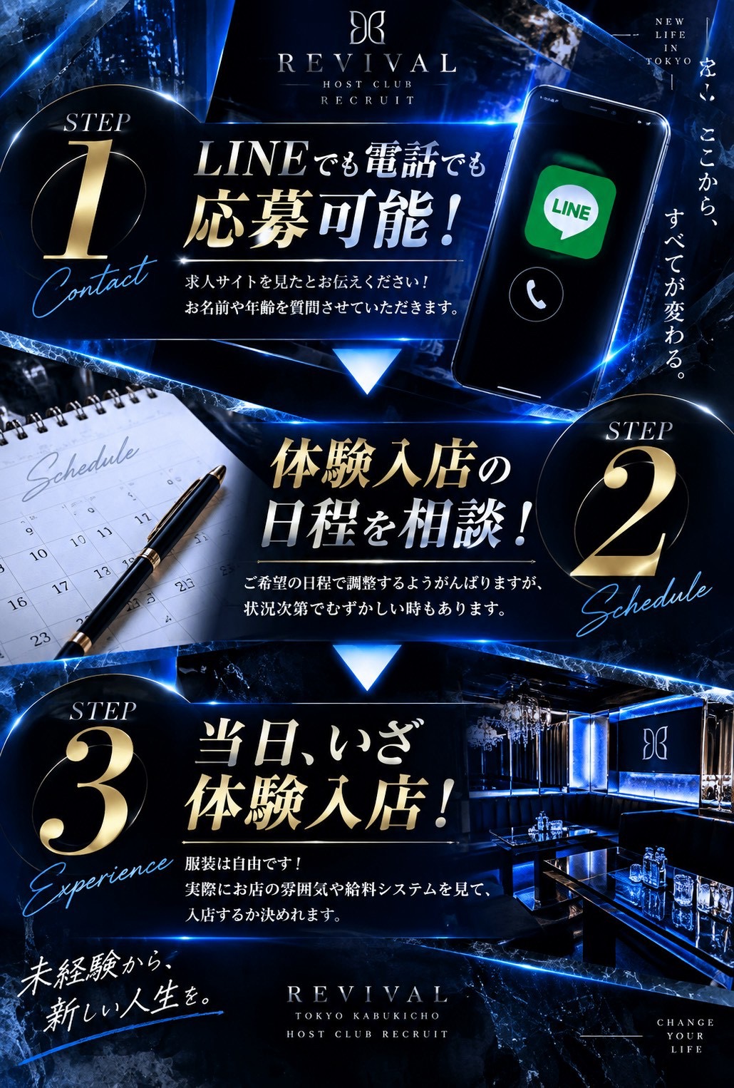 REVIVALホスト求人の応募から体験入店までの流れ